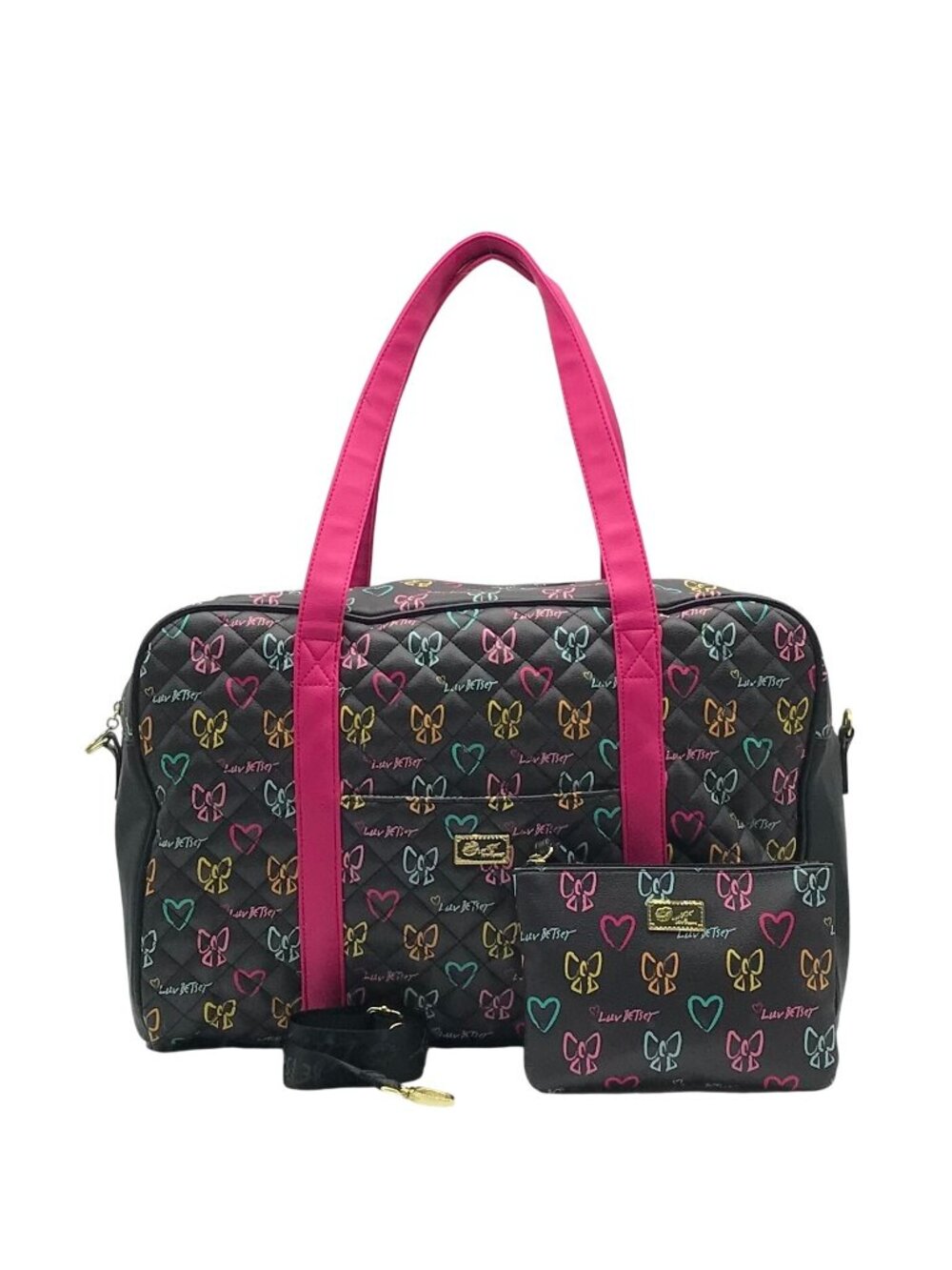 Betsy Johnson Black Quilted Leather Bow And Heart Duffel Bag With Pouch